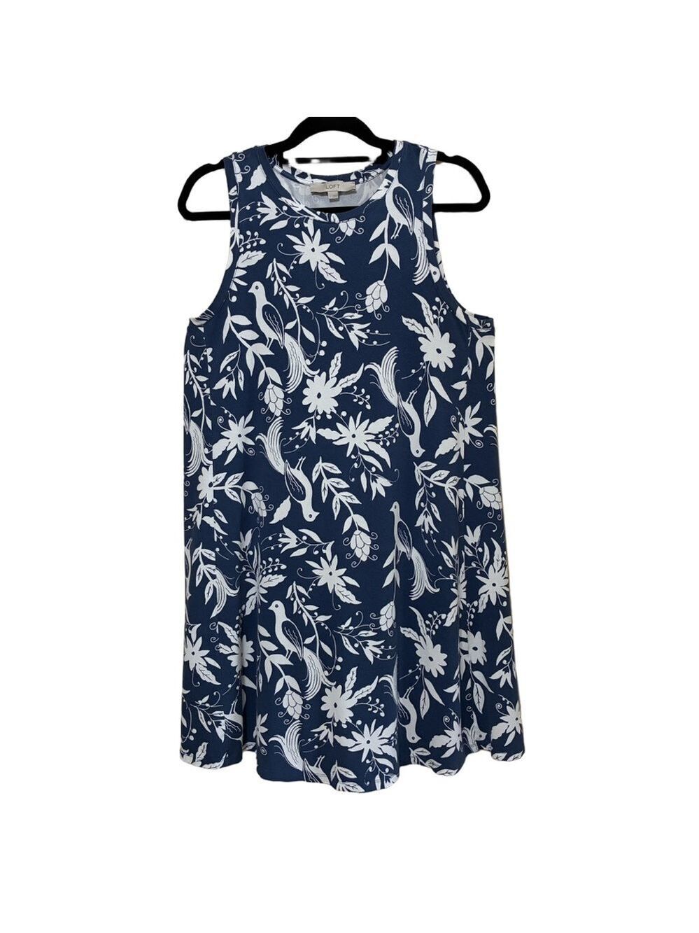 Loft Blue Floral Bird Swing Mini Dress Women’s L Sleeveless Summer Pullover